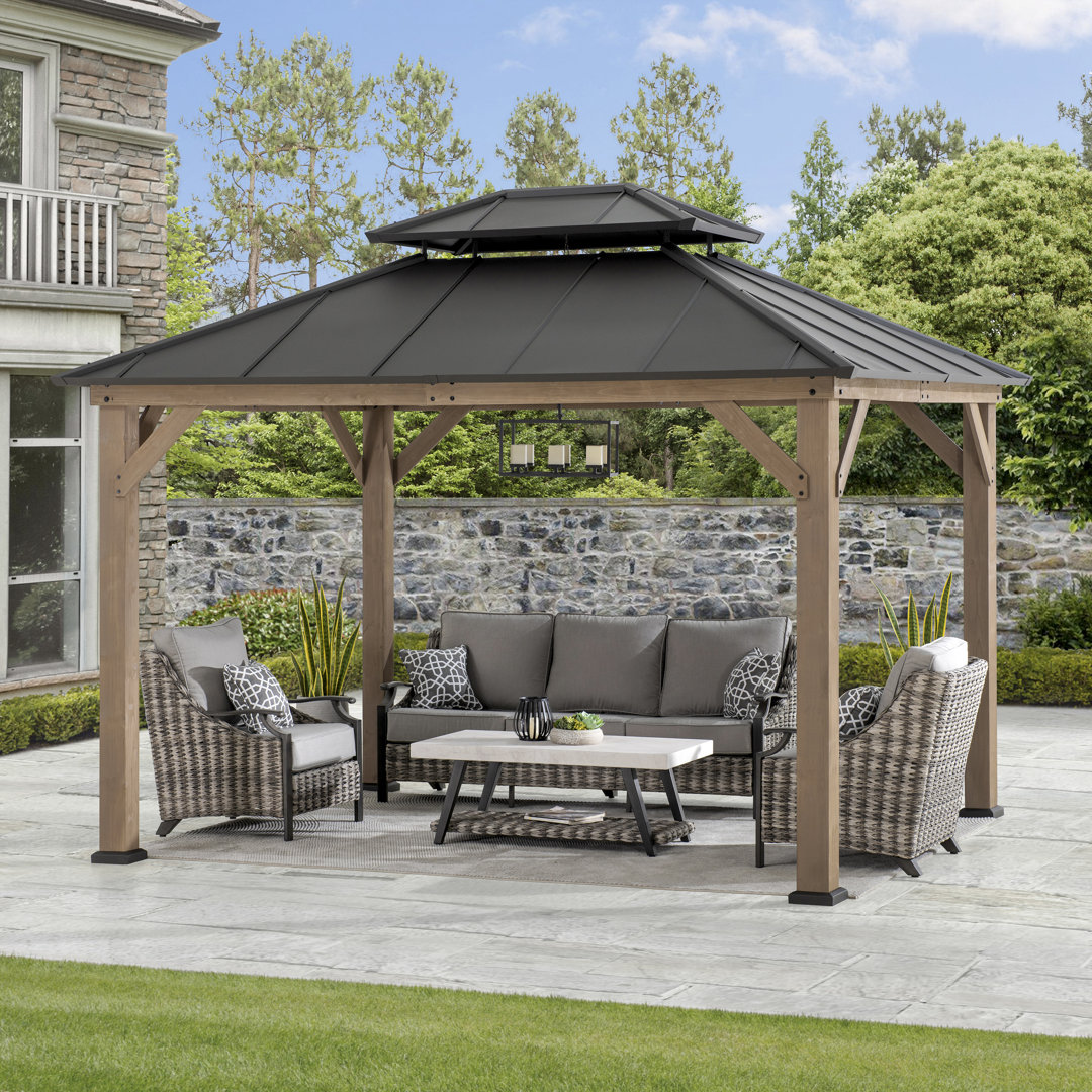 Sunjoy 10 x 12 ft. Wood Gazebo, Outdoor Patio Steel Hardtop Gazebo, Cedar Framed Wooden Gazebo with 2-Tier Metal Roof, Suitable for Patios, Lawn and Backyard